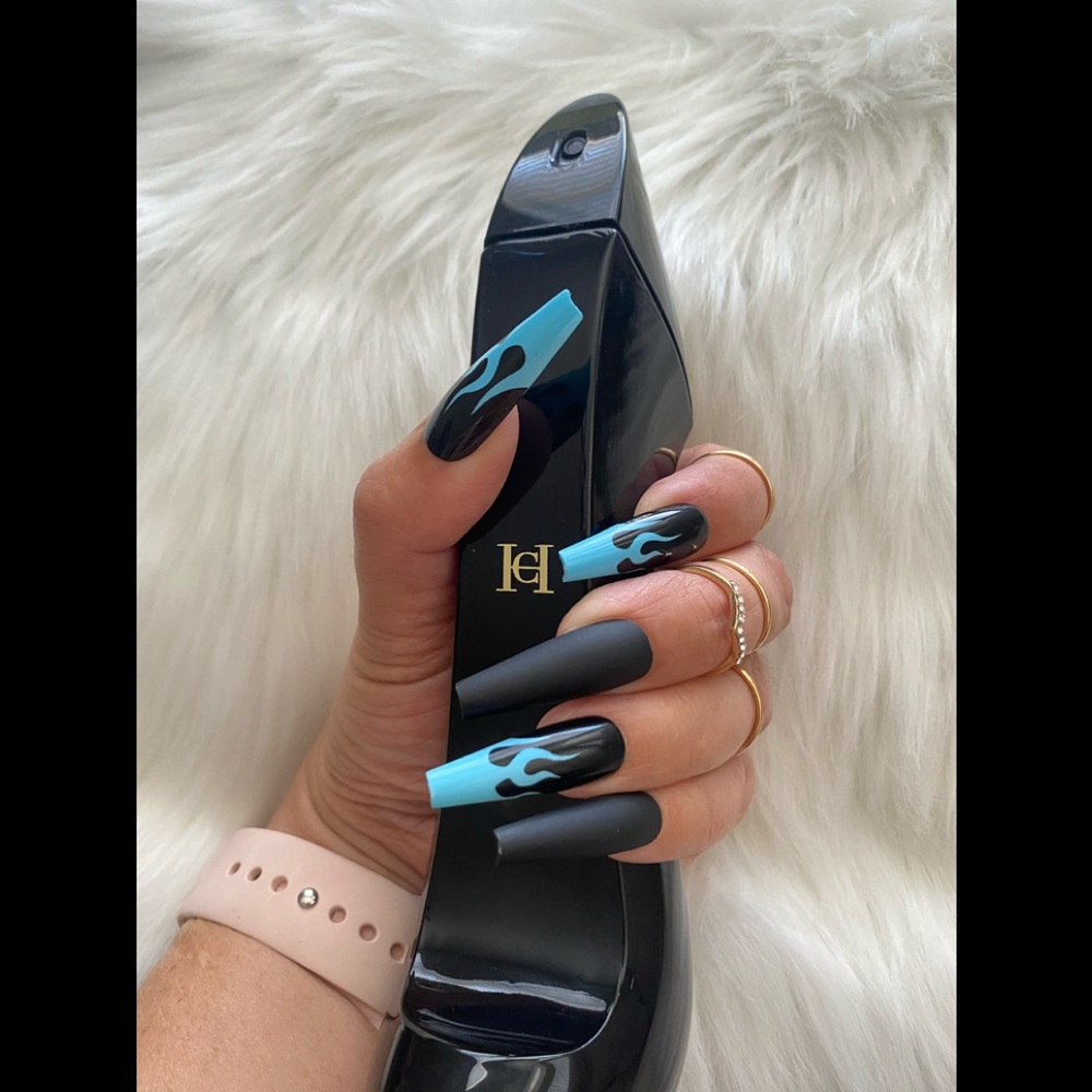 Feral Edge “Blue Fire” Glue-on Long Coffin Nails